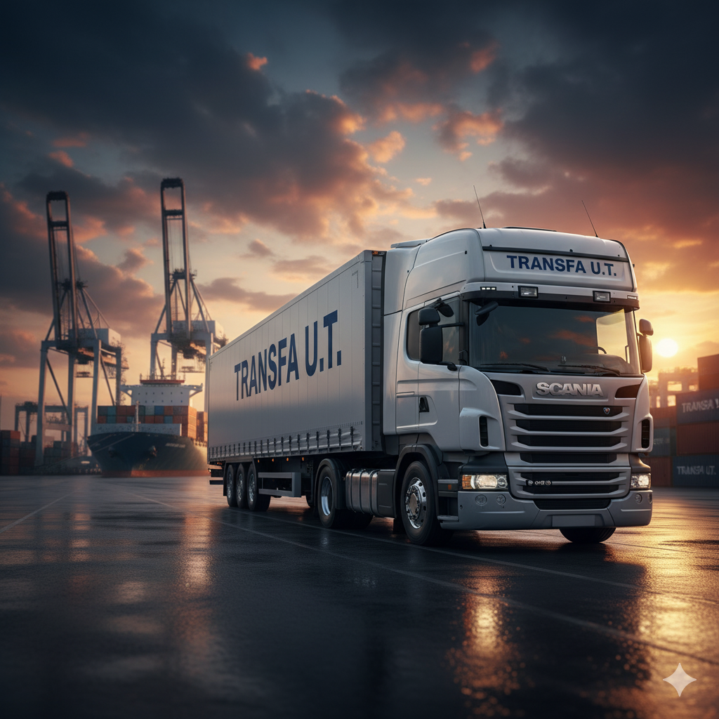 Ciężarówka TRANSFA U.T. w trasie — transport drogowy Polska Nordyki Bałtyk Bałkany